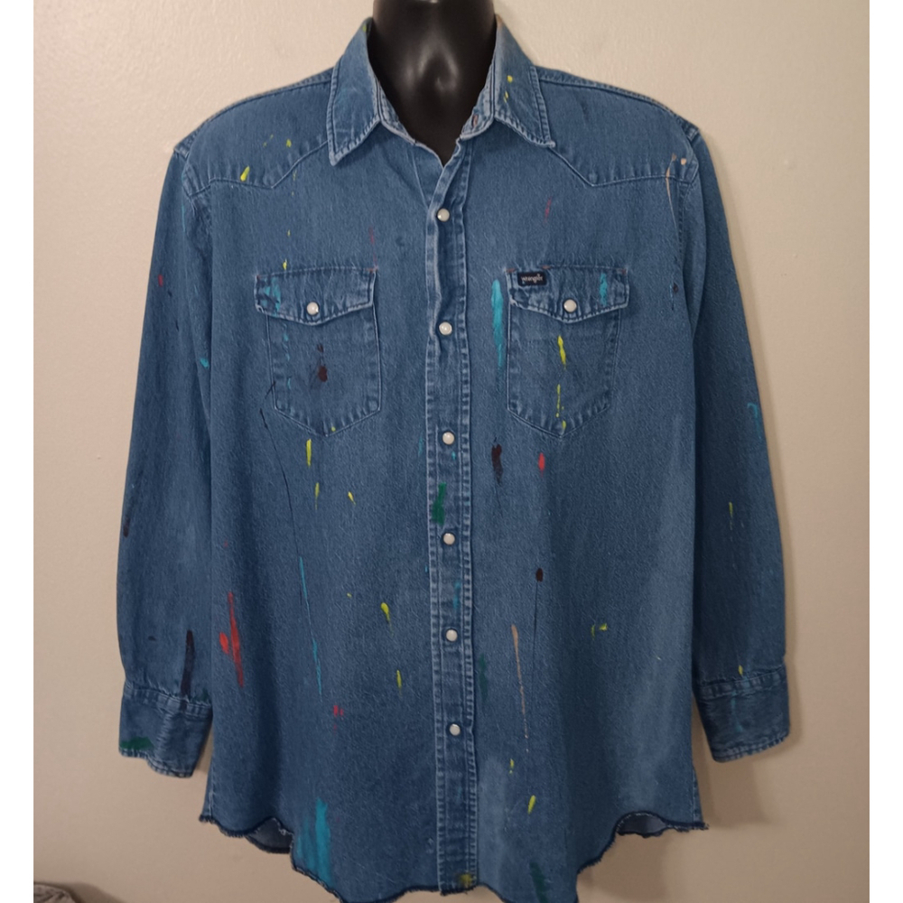 Vintage Wrangler Men’s 2XL Denim Shirt Western Pearl Snap Blue Paint *DISTRESSED